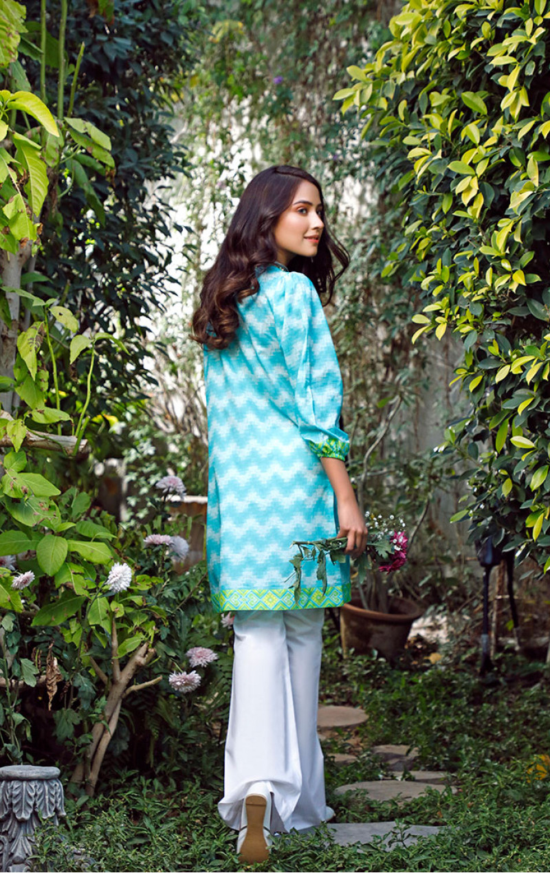 Sky Blue Lawn Printed Kurti With Emb